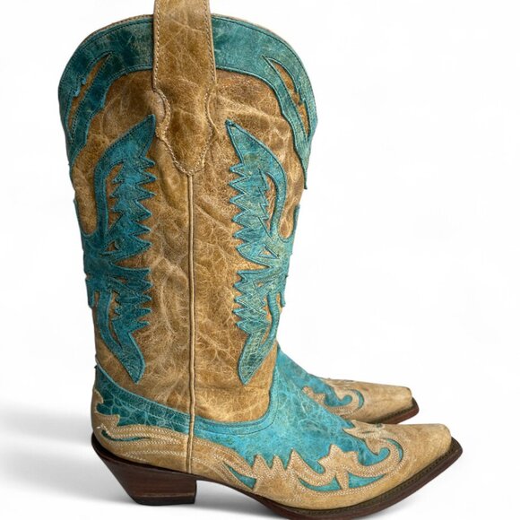 Corral Women's Leather Turquoise Tan Snip Toe Cowgirl Western Cowboy Boots 8 M - Picture 2 of 14